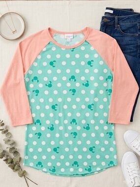 Lularoe Mint Minnie Mouse Polka Dot Raglan Top with Peach Sleeves
